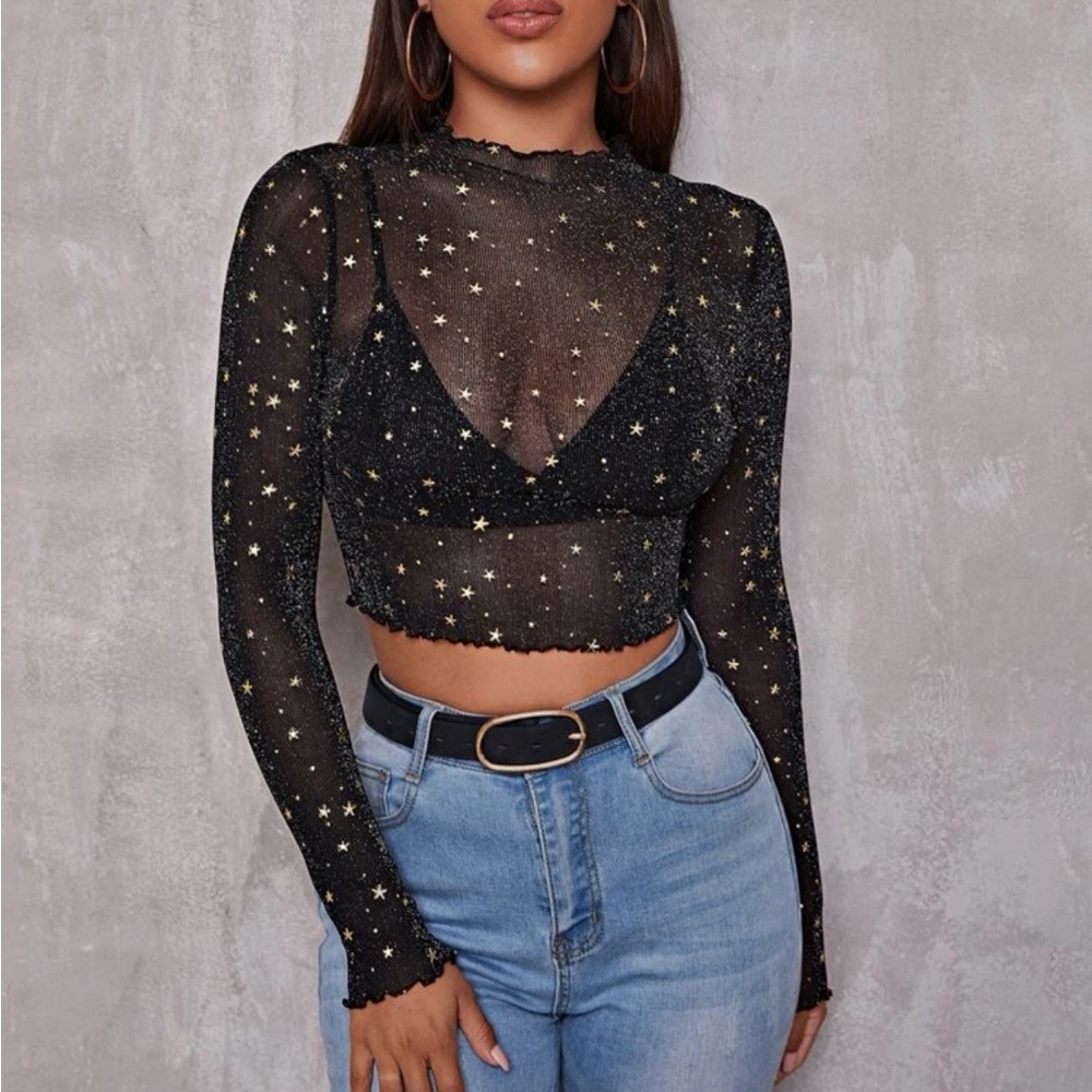 SHEIN Lettuce Trim Star Mesh
Crop Top Without Bra
Black / XL(12)